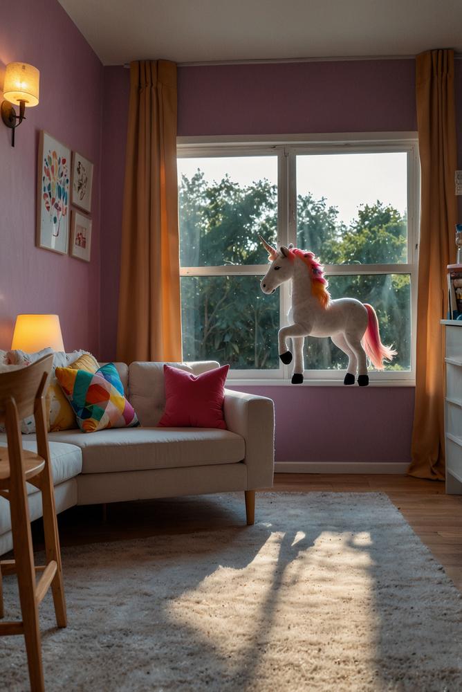 Helle Einhorn-Kinoecke mit bunten Vorhängen und Kuscheldecken