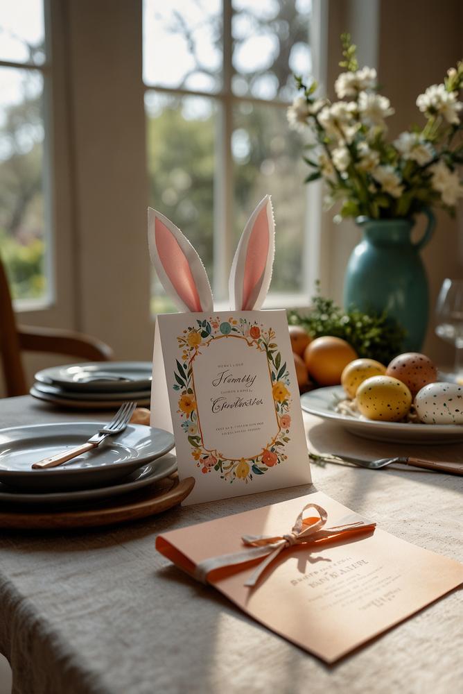 Hell beleuchtete Einladungskarte mit Menü und Rezept zur Osterfeier