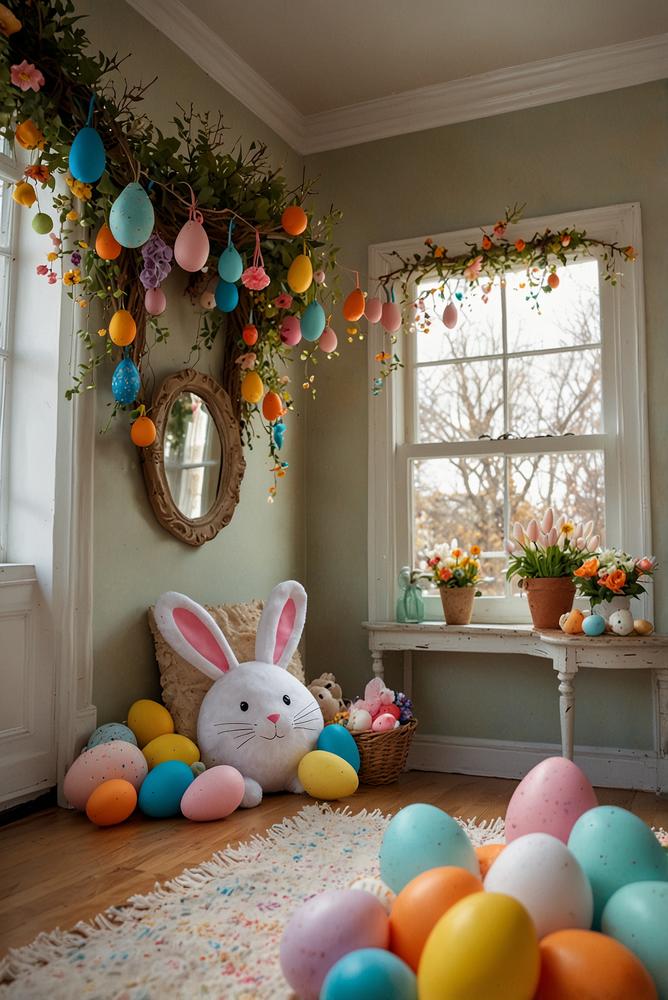 Helle helle Familienfoto-Ecke mit Osterkostuemen