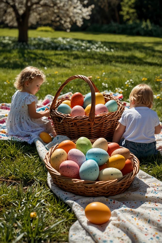 Familien-Osterpicknick im Park mit bunten Eiern und Hefezopf