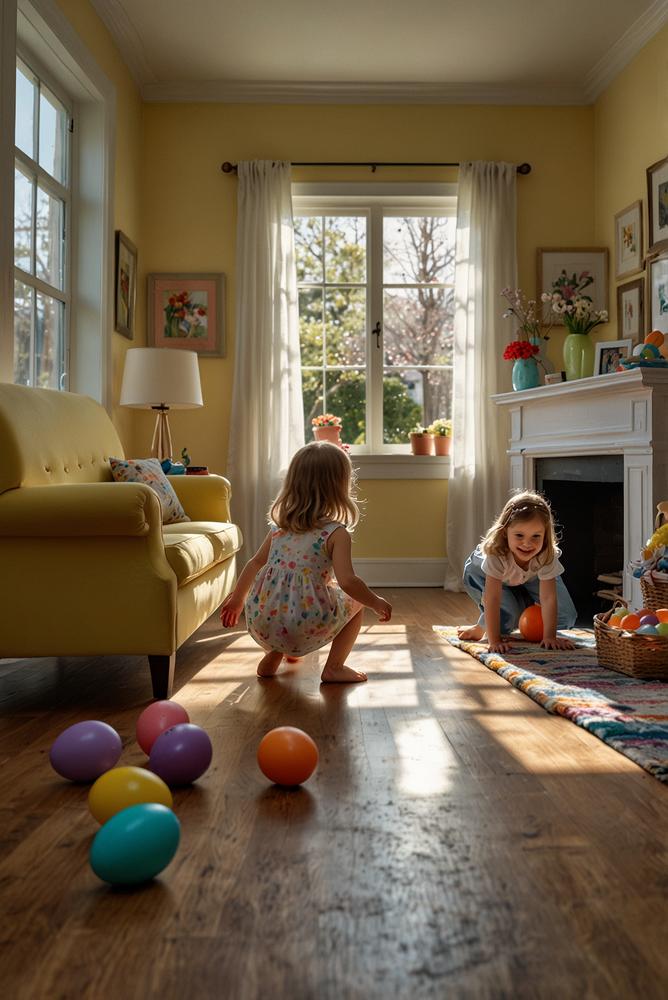 Familien-Staffel Ostereiersuche im hellen Wohnzimmer