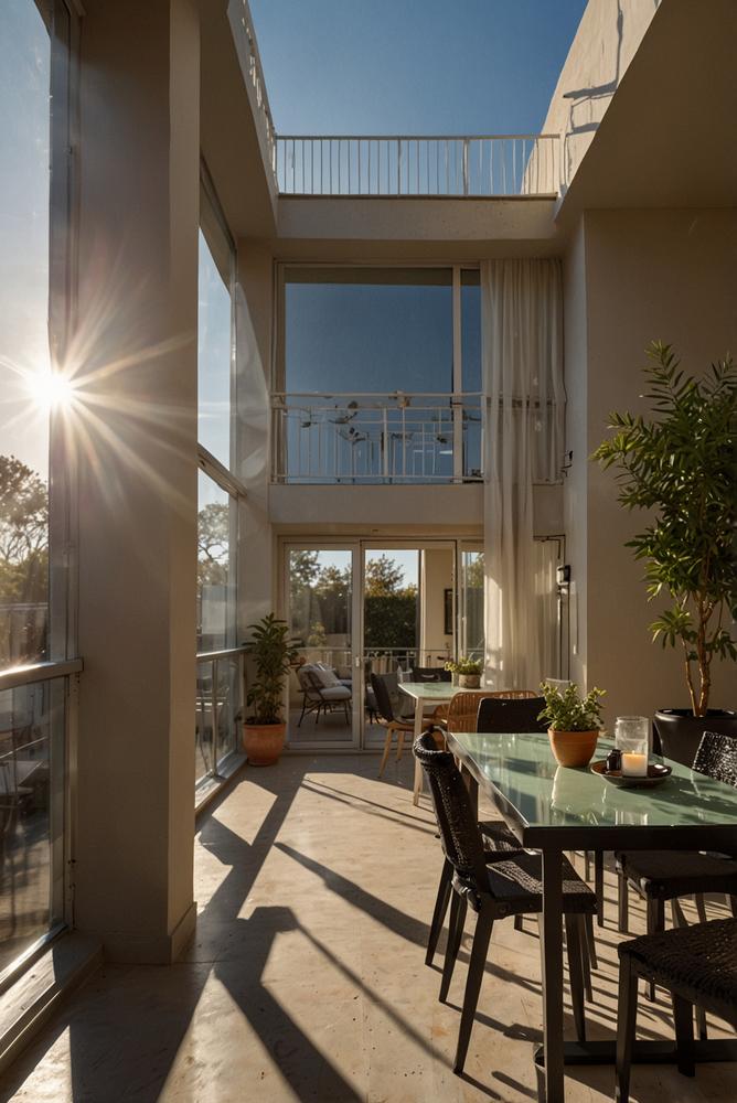 Heller moderner Balkon mit Schutzverkleidung und Fenstern