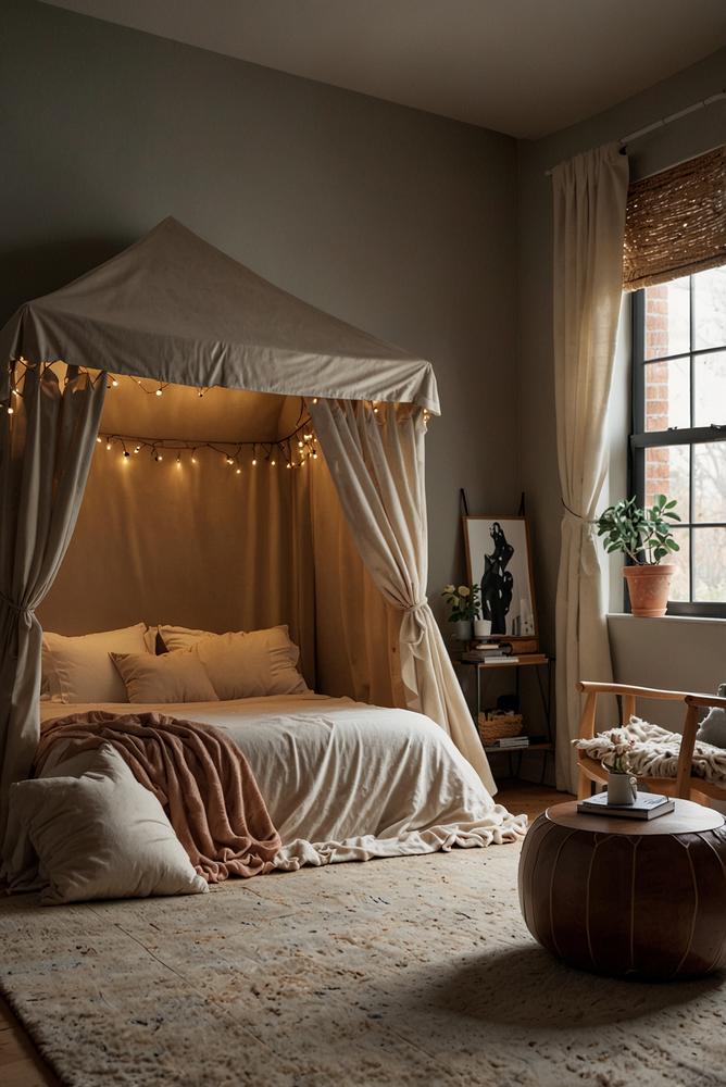 Gemütliches Schlafzimmer mit Deckenlager für Filmabend