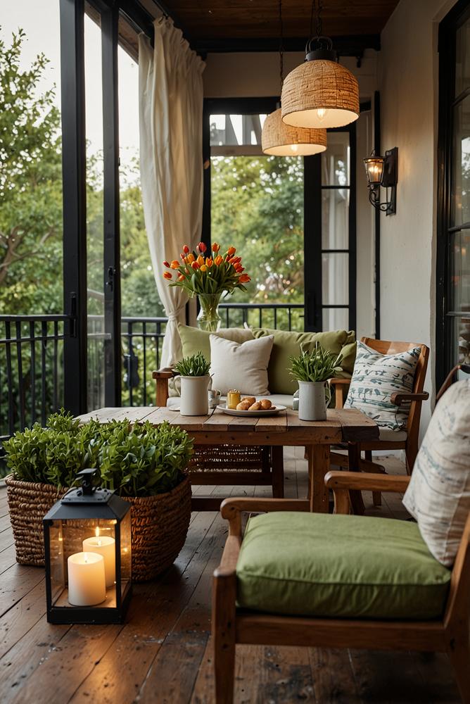 Frühlingsbrunch Balkon mit bunten Frühlingspflanzen