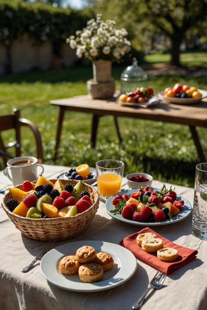 Heller Frühlingsbrunch im Garten mit Picknick-Setup