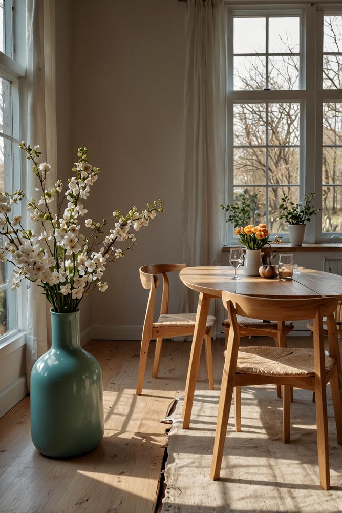 Heller skandinavischer Fruehlingsbrunch mit viel Sonnenlicht