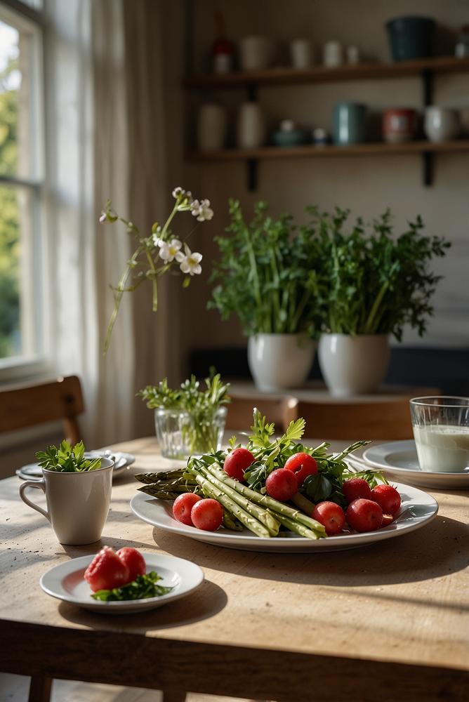 Heller Fruehlingsbrunch mit saisonalen Zutaten und frischen Kraeutern