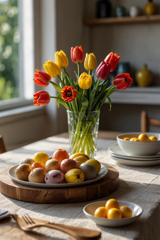 Helles Wohnzimmer mit Fruehlingsbrunch Buffet und Blumen