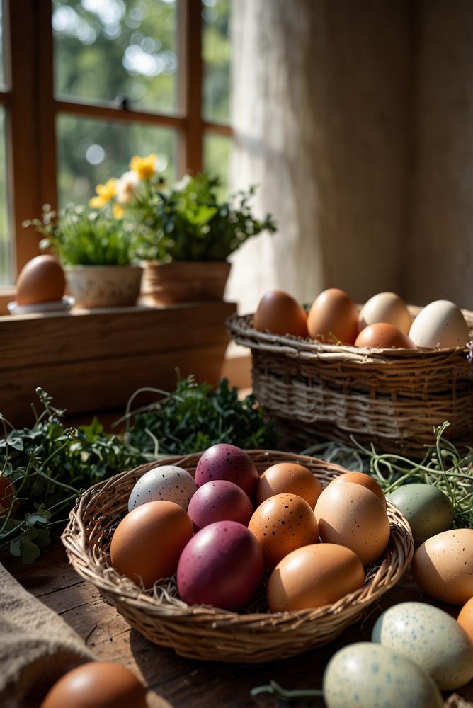 Naturfarbe Ostereier basteln im Garten in sonniger Atmosphäre