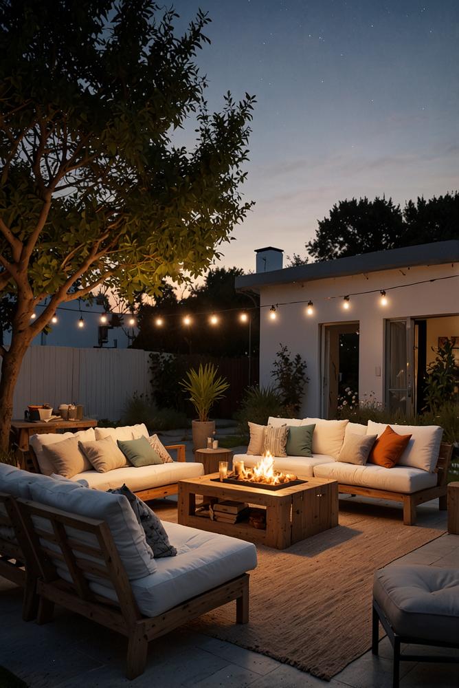 Helles Garten-Kino mit Beamer und Decken unter Sternen