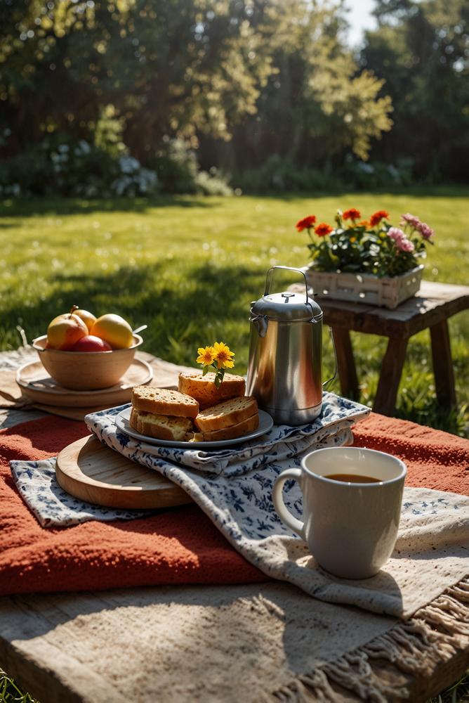 Helles Gartenpicknick mit Kaffee und Kuchen zu Ostern