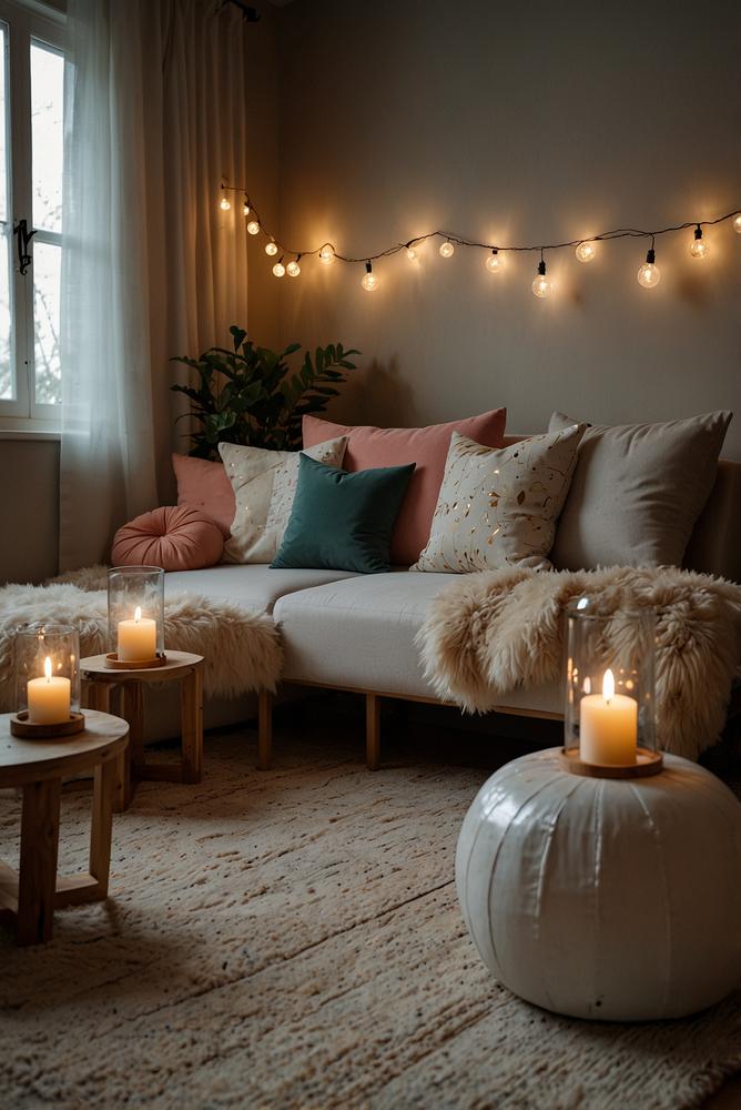 Helle, gemütliche Lounge mit LED-Lichterketten und Sitzkissen