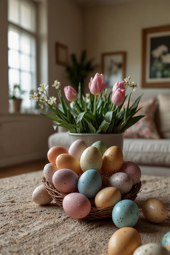 Heller Raum mit Oster-Spieleabend und frühlingshafter Deko