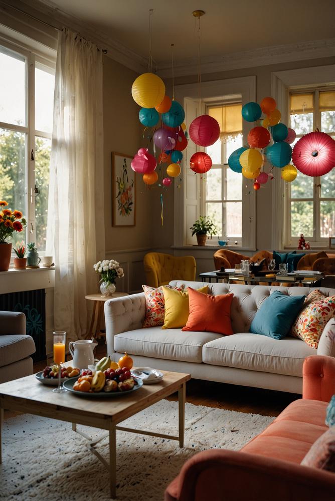 Wohnzimmer Faschingsbrunch mit buntem Buffet und Sitzinsel