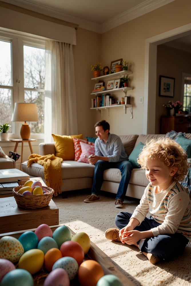 Helles Wohnzimmer mit Familie beim Generationen-Osterquiz