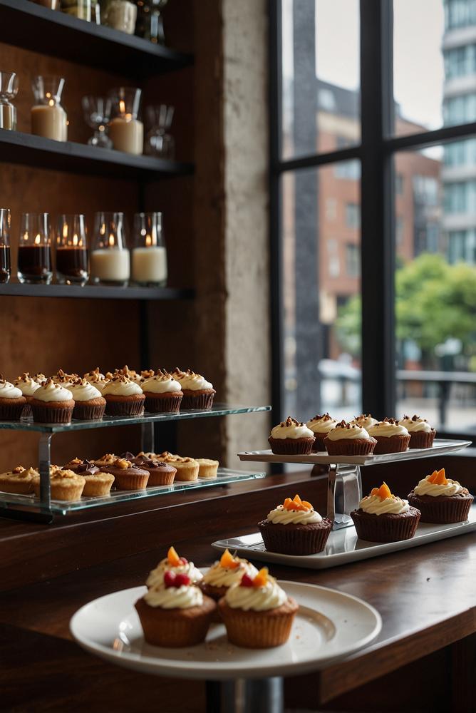 Helle Kaffee-Cocktail-Bar mit kleinen Dessertkuchen