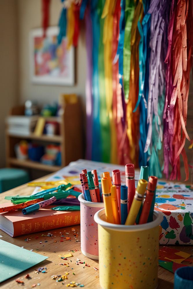 Hell und freundlich gestalteter Karneval-Basteltisch für Kinder