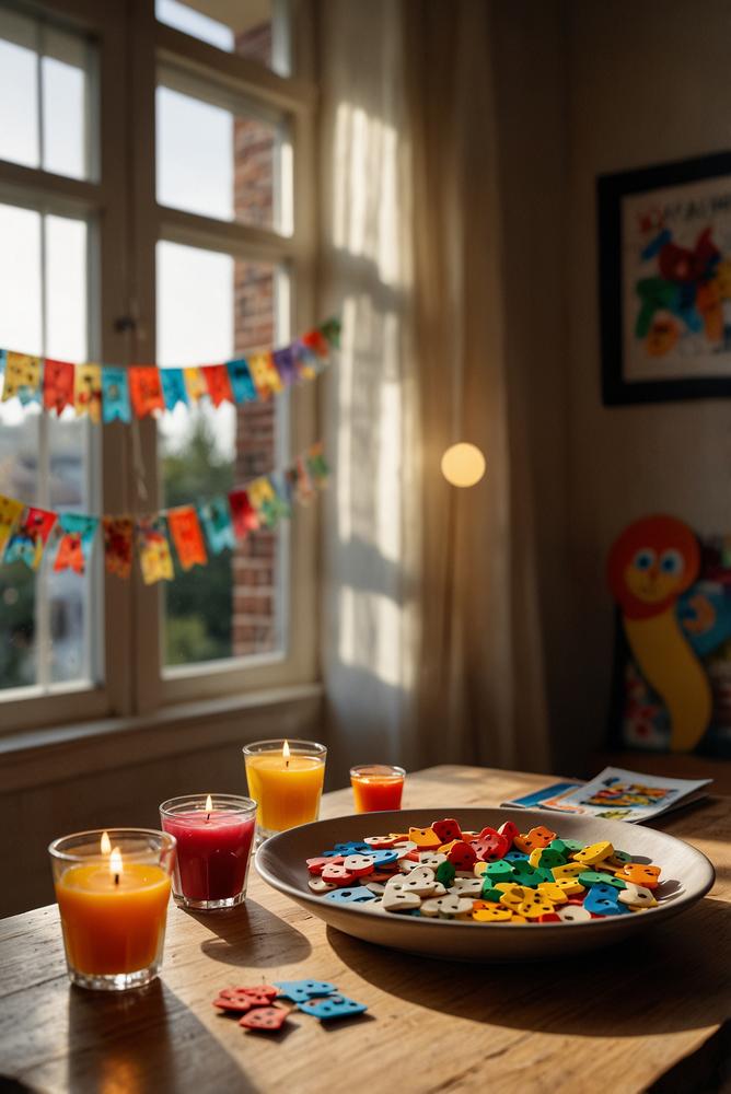 Helles Wohnzimmer mit Karneval-Brettspielabend-Deko