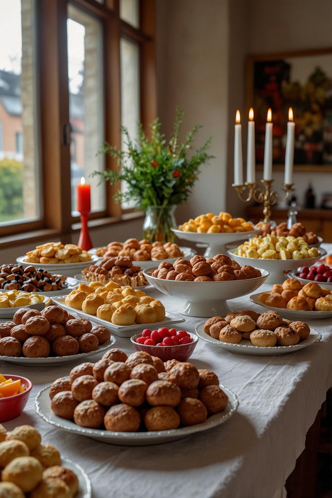 Helles Karneval-Buffet mit rheinischen Snacks im Raum