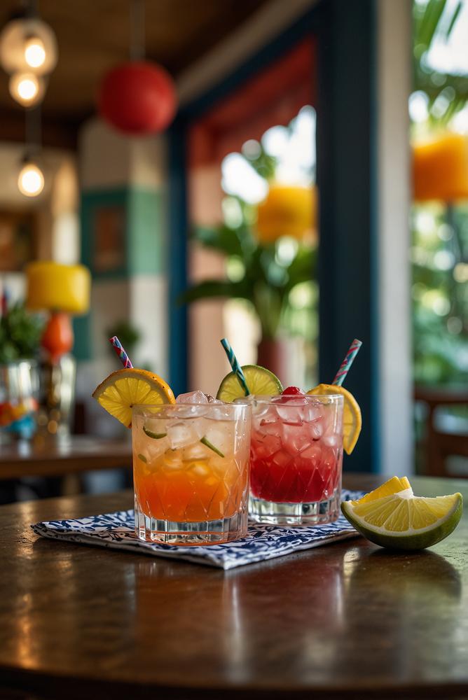 Bunte Karneval-Cocktailbar auf hellem Esstisch mit Sunlight