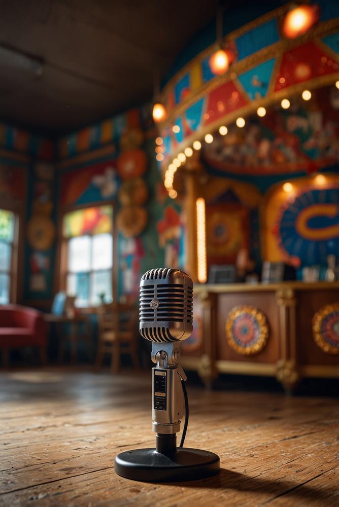 Helles Karnevalskaraoke mit Mikrofon und Kostümen zu Hause