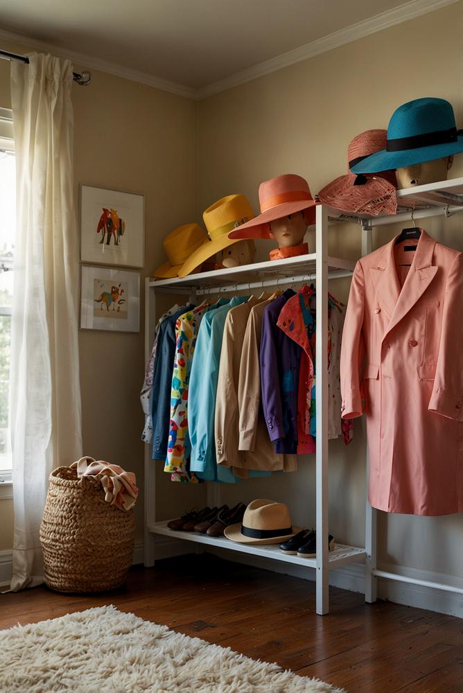 Helle Garderobe mit bunten Karnevalskostuemen in der Wohnung
