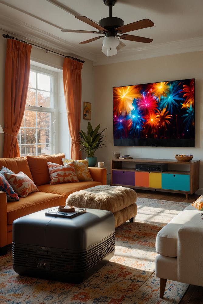 Karneval Livestream auf Leinwand im hellen Wohnzimmer