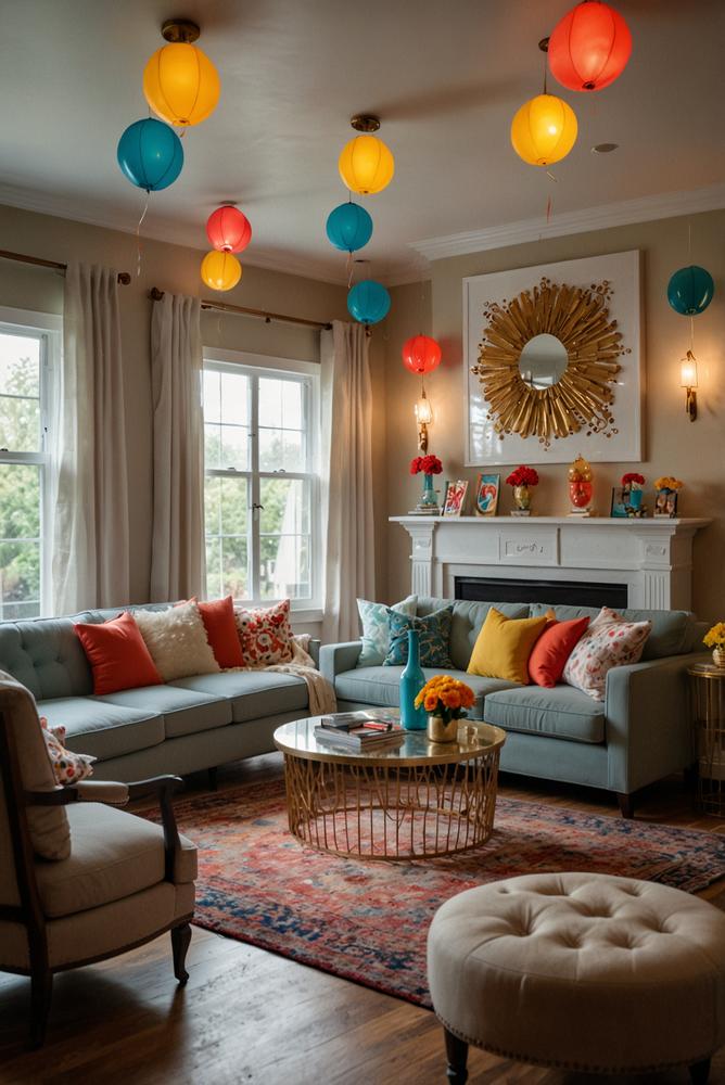 Helles Wohnzimmer mit Karnevalsparty Musiksetup