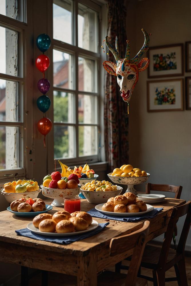 Helles Karnevals-Themenbuffet mit regionalen Spezialitaeten