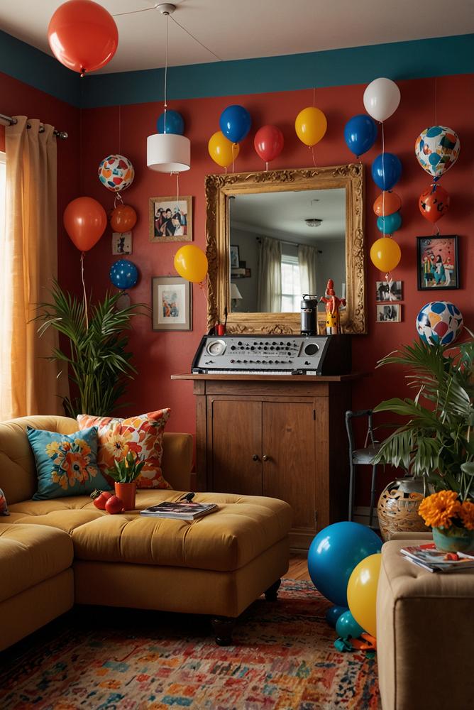 Helles Wohnzimmer mit Karnevalskaraoke und bunter Dekoration
