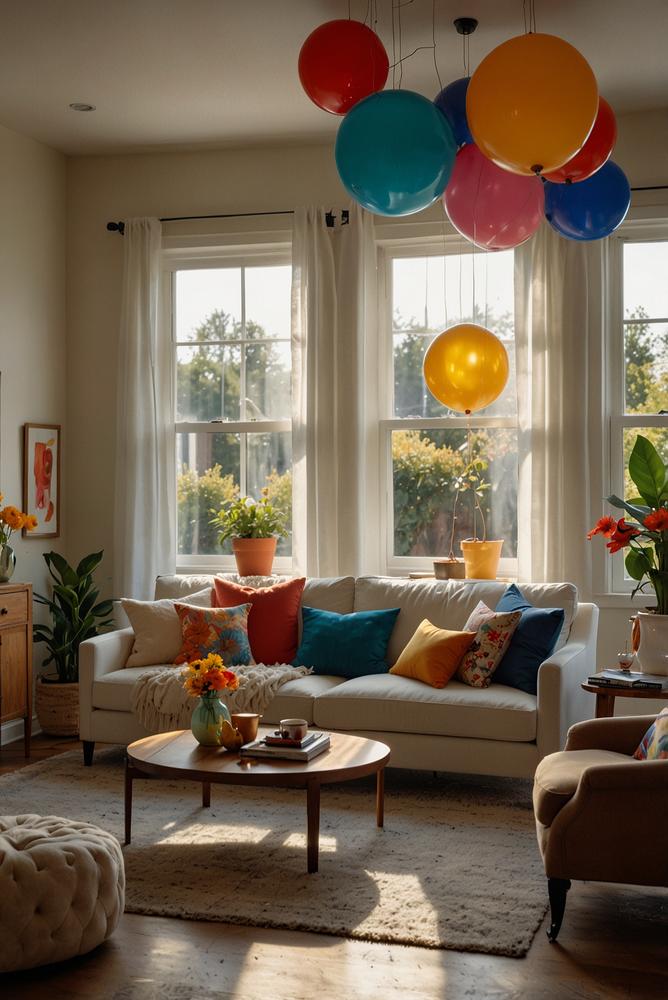 Helles Wohnzimmer mit Karnevalsparty und Lautstaerkenregulierung