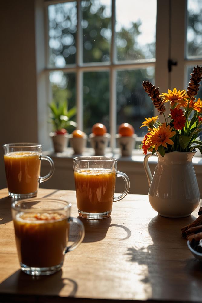 Helle, einladende Szene mit heißem Karnevalspunsch in modernen Gläsern