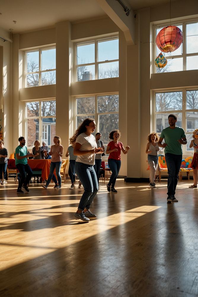 Karnevalstanz-Flashmob in hellem Raum ohne DJ