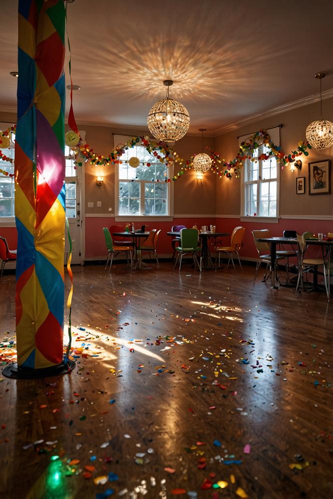 Karnevalstanzfläche mit glänzender Discokugel und bunten Lichtern