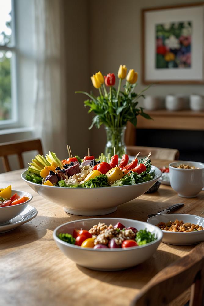 Helle vegane und kinderfreundliche Ostergerichte auf dem Tisch