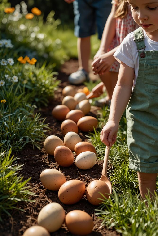 Kinder beim klassischen Eierlauf im hellen Garten