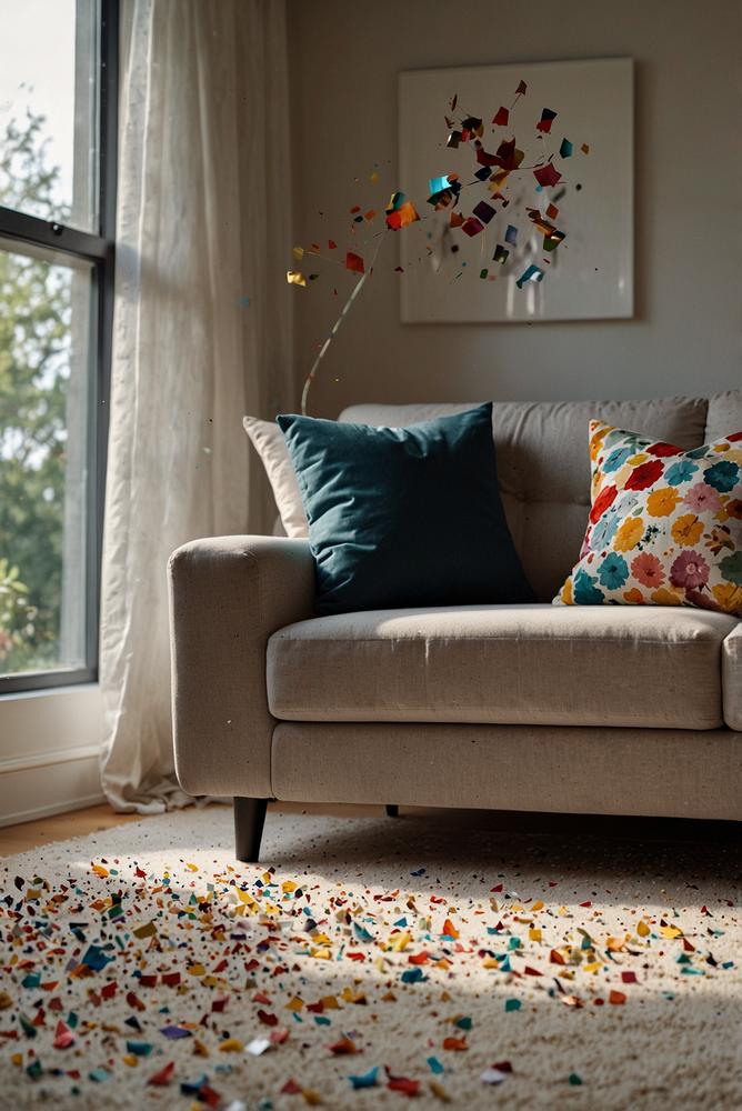 Konfetti mit Staubsauger in heller Wohnung entfernen