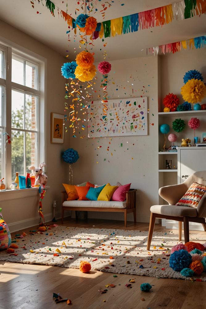 Helle lichtdurchflutete wohnung mit bunter konfetti-piinata