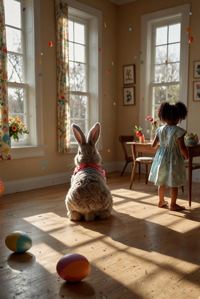 Kinder im Osterhasen-Kostüm beim Eierlauf in hellem Raum