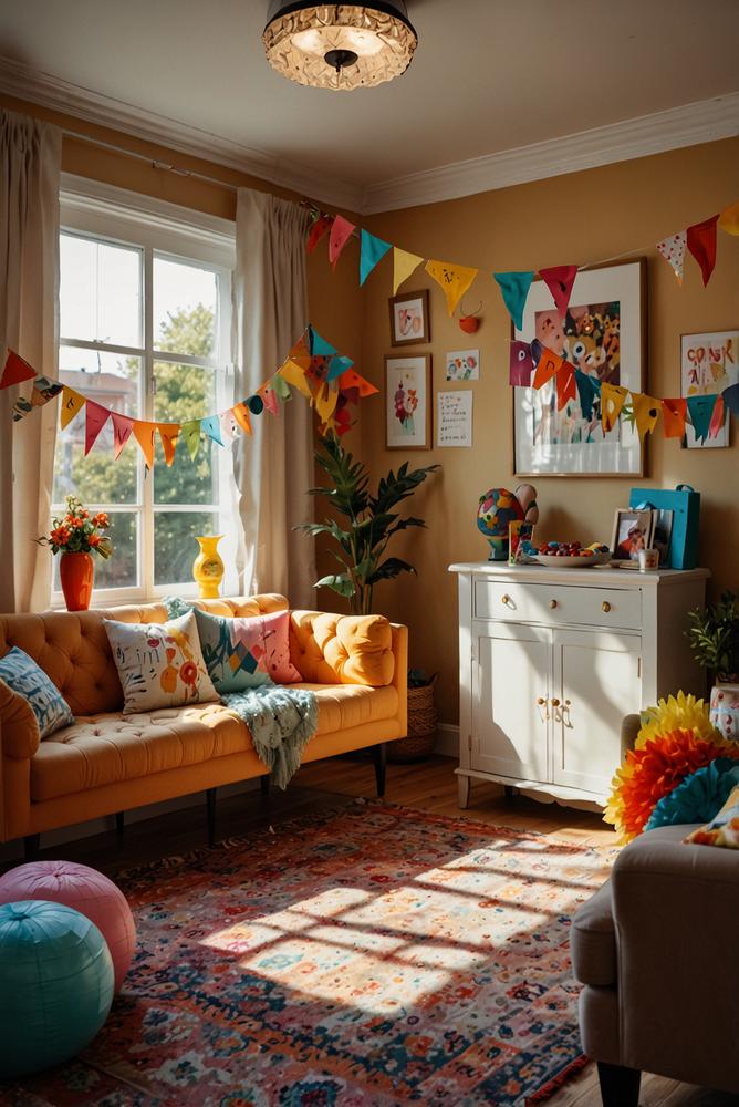 Helles Wohnzimmer mit Kostümtauschparty Deko