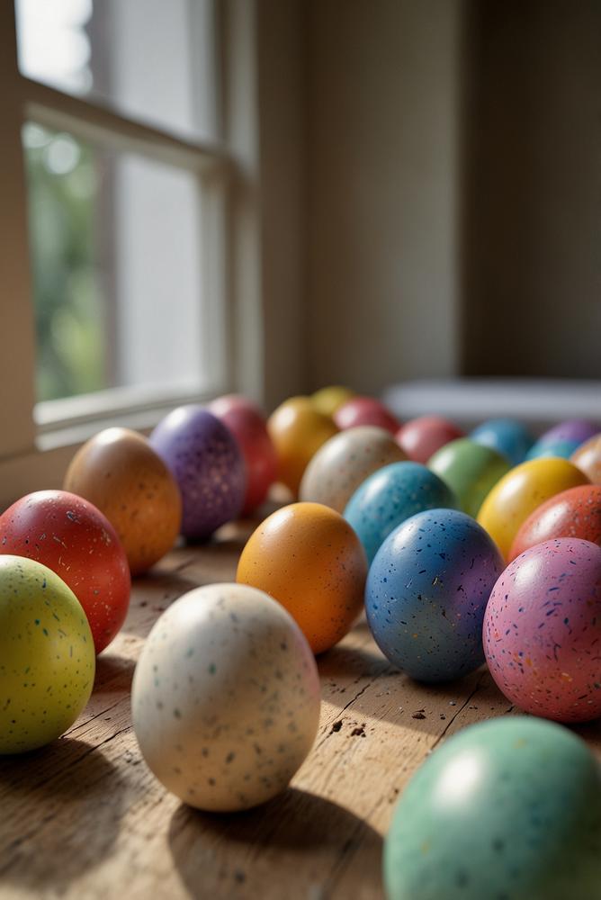 Kinder beim bunten Eierlauf mit bemalten Eiern in hellem Raum
