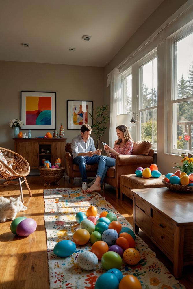 Familie beim kreativen Eierbemalen mit Osterquiz im hellen Raum