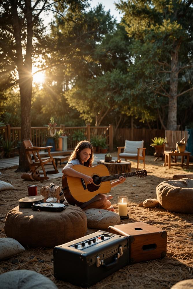 Gemütliche Musik am Lagerfeuer mit Gitarre und Karaoke