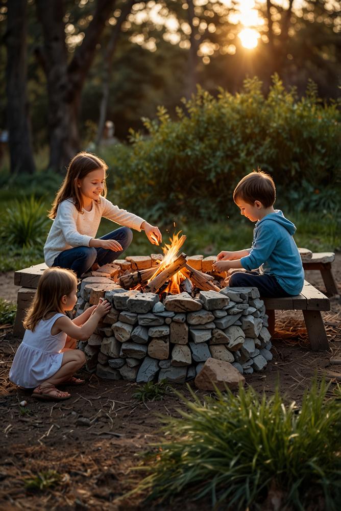 Kinder spielen und basteln sicher am Lagerfeuer zu Ostern