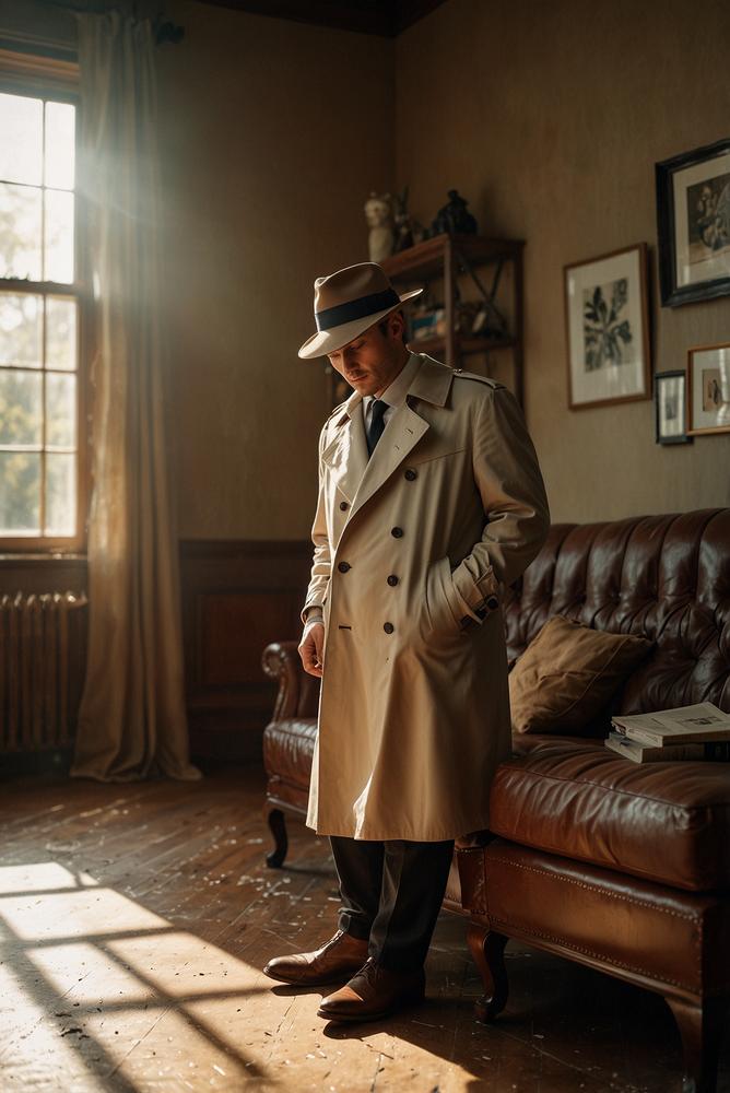 Gangster-Karnevalskostüm mit Trenchcoat und Hut, hell beleuchtet