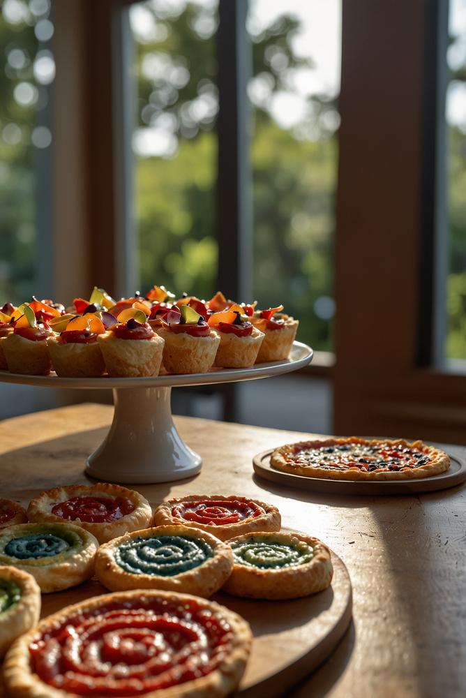 Mini-Pizzaschnecken als helle Karnevalssnacks auf Tisch