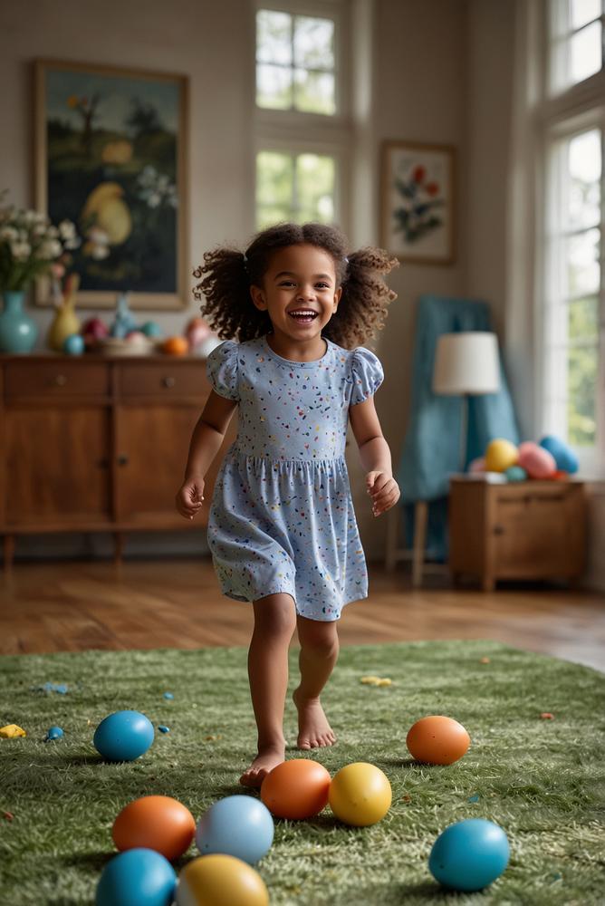 Kinder beim hellen Easter egg relay im Wohnzimmer