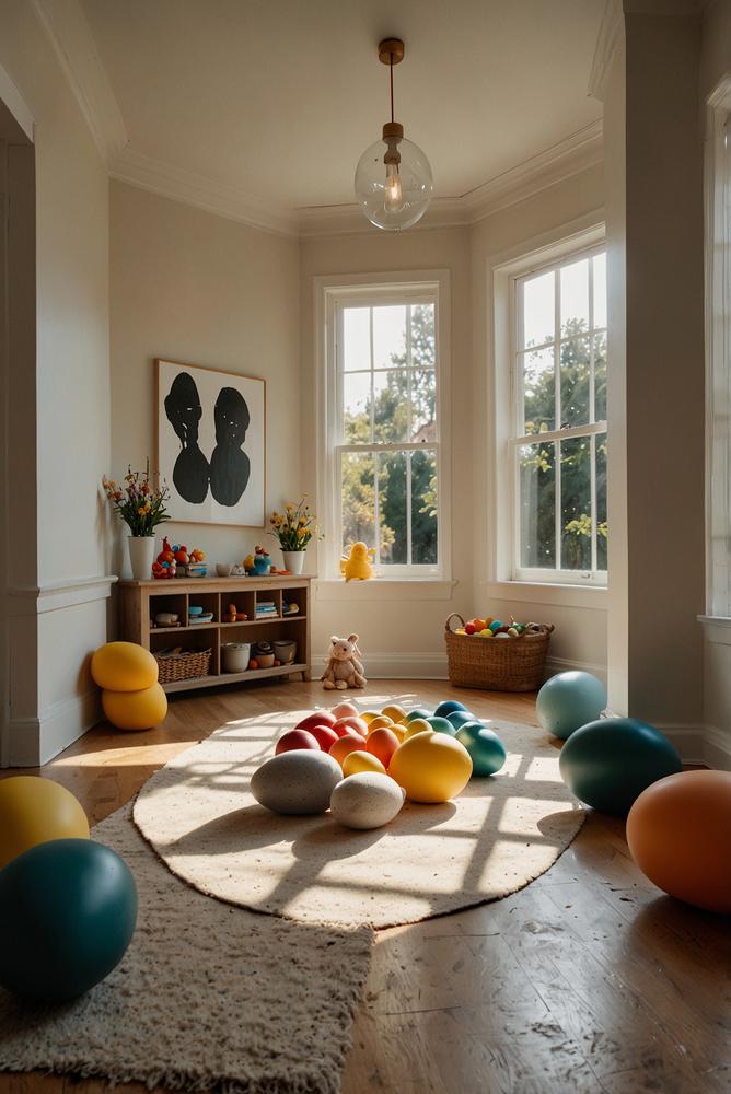 Kinder spielen Mini-Eierlauf mit kleinen Löffeln im hellen Raum