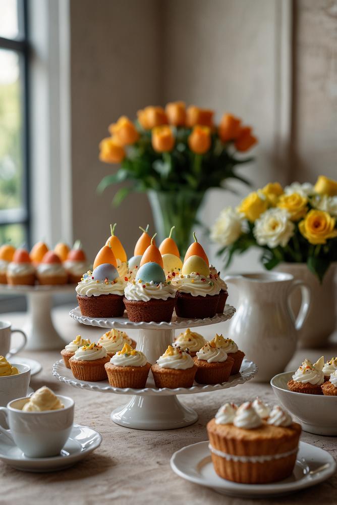 Helles, einladendes Mini-Kuchenbuffet mit Kaffee zu Ostern