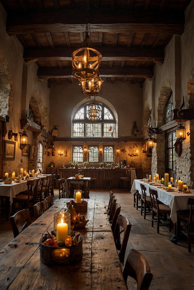 Helles mittelalterliches Partyzimmer mit rustikaler Deko
